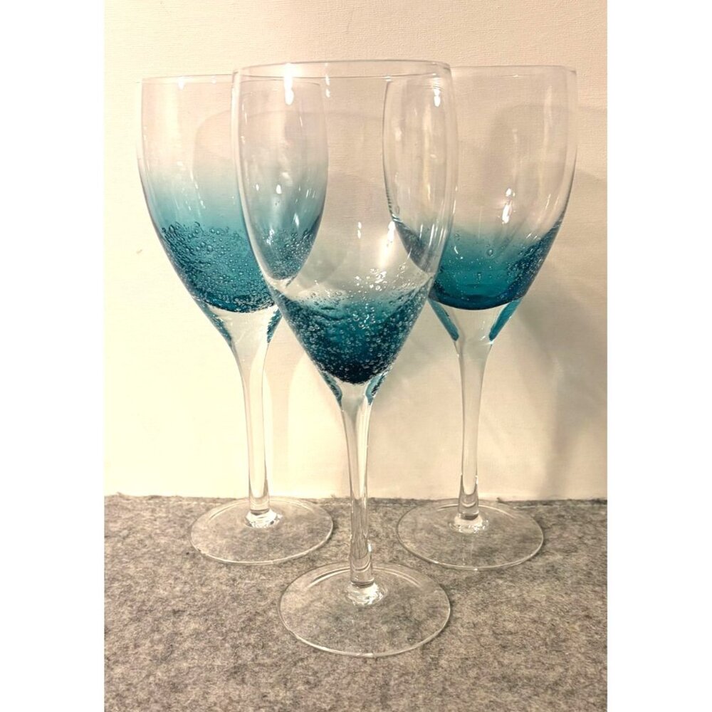 3 Vintage Roscher & Co. Teal Blue Bubble Wine Glasses  9.25"  # 3324